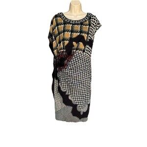 Etro Size 10 46 Mixed Print Short Sleeves Silk Dress Embellished Neckline